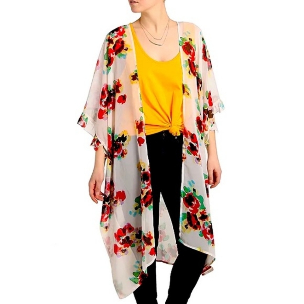 Betsey Johnson Floral Kimono with Red and Green Accents